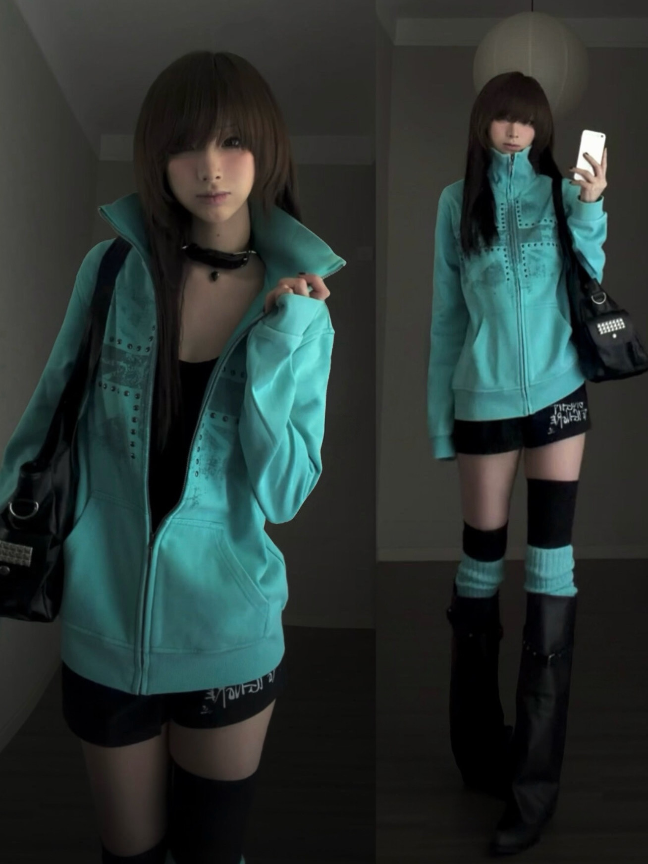 Vintage Windbreaker Nylon - Mintgroene hoodie met print en strasssteentjes,