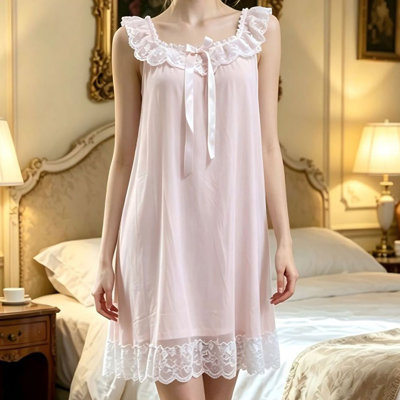 Vintage Fashion Dresses - Dames slaapjurk mouwloos ruches mesh modal